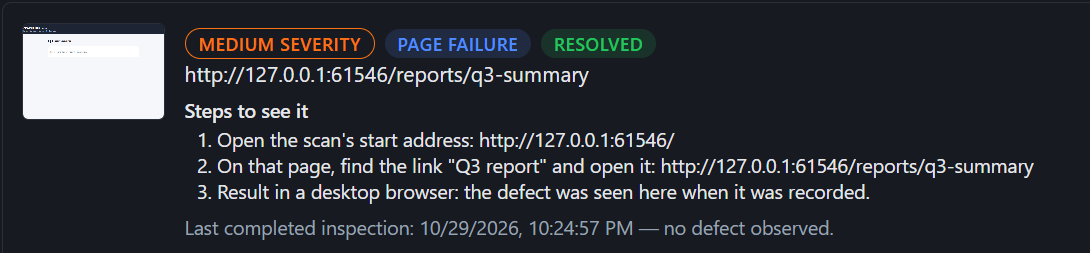 The same finding after the developer fixed the test site and Evidence Engine rechecked it twice: the outcome now reads Resolved.